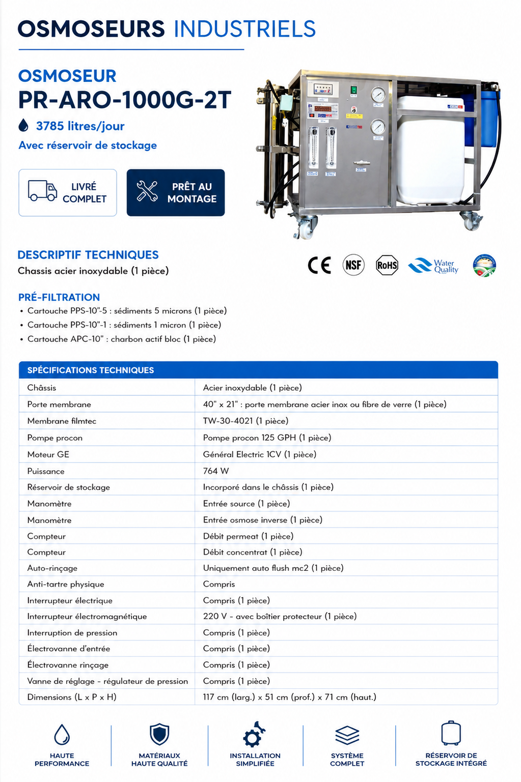 Osmoseur Industriel Aquapro PR-ARO-1000G-2T — 1000 GPD, Avec Réservoir